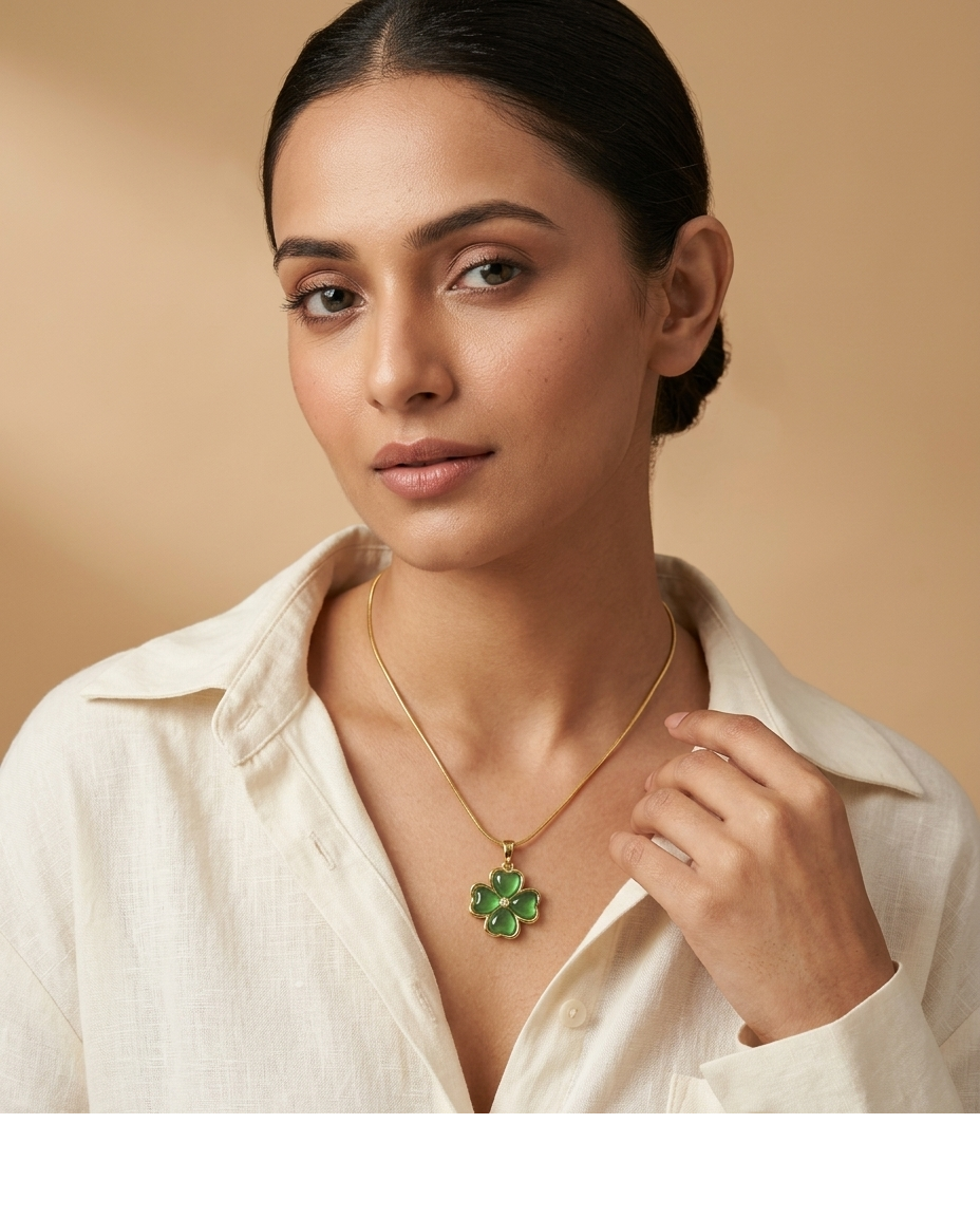 Golden Green Clover Pendant Necklace for Women