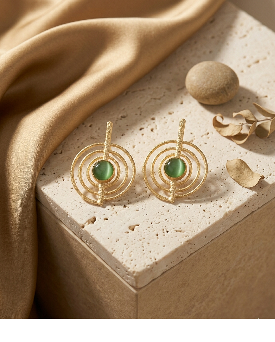 Green Stone Concentric Circle Gold Earrings for Women