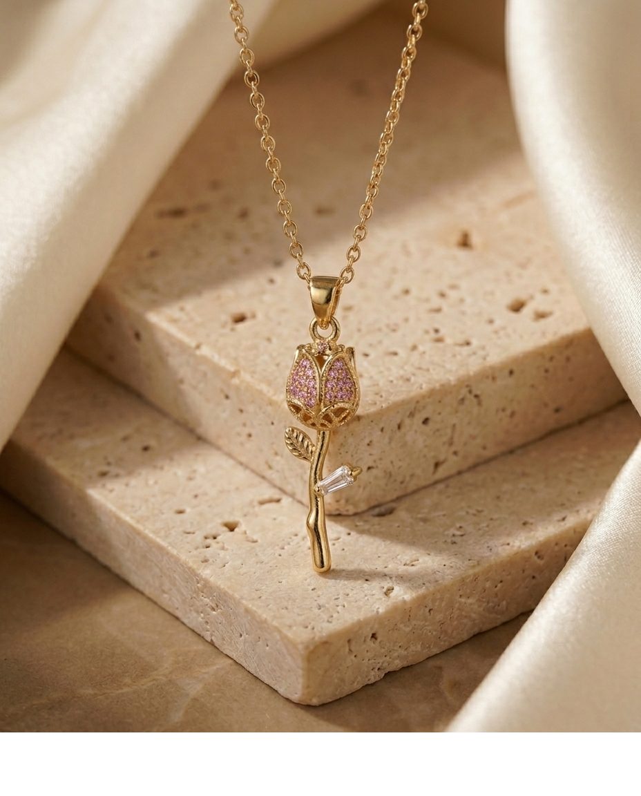 Golden Pink Rose Crystal Pendant Necklace for Women