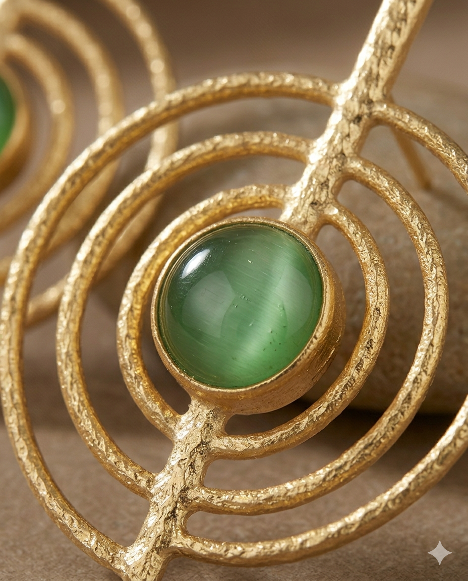 Green Stone Concentric Circle Gold Earrings for Women