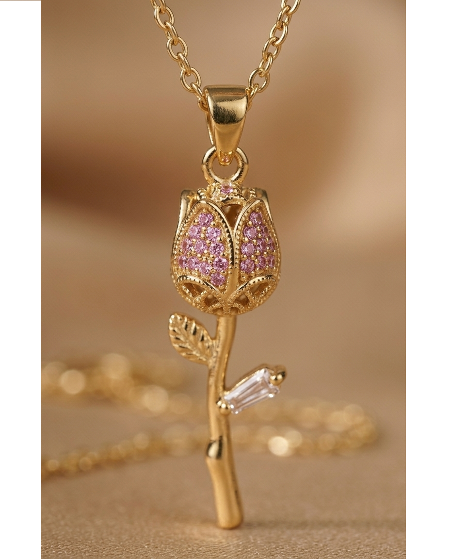 Golden Pink Rose Crystal Pendant Necklace for Women