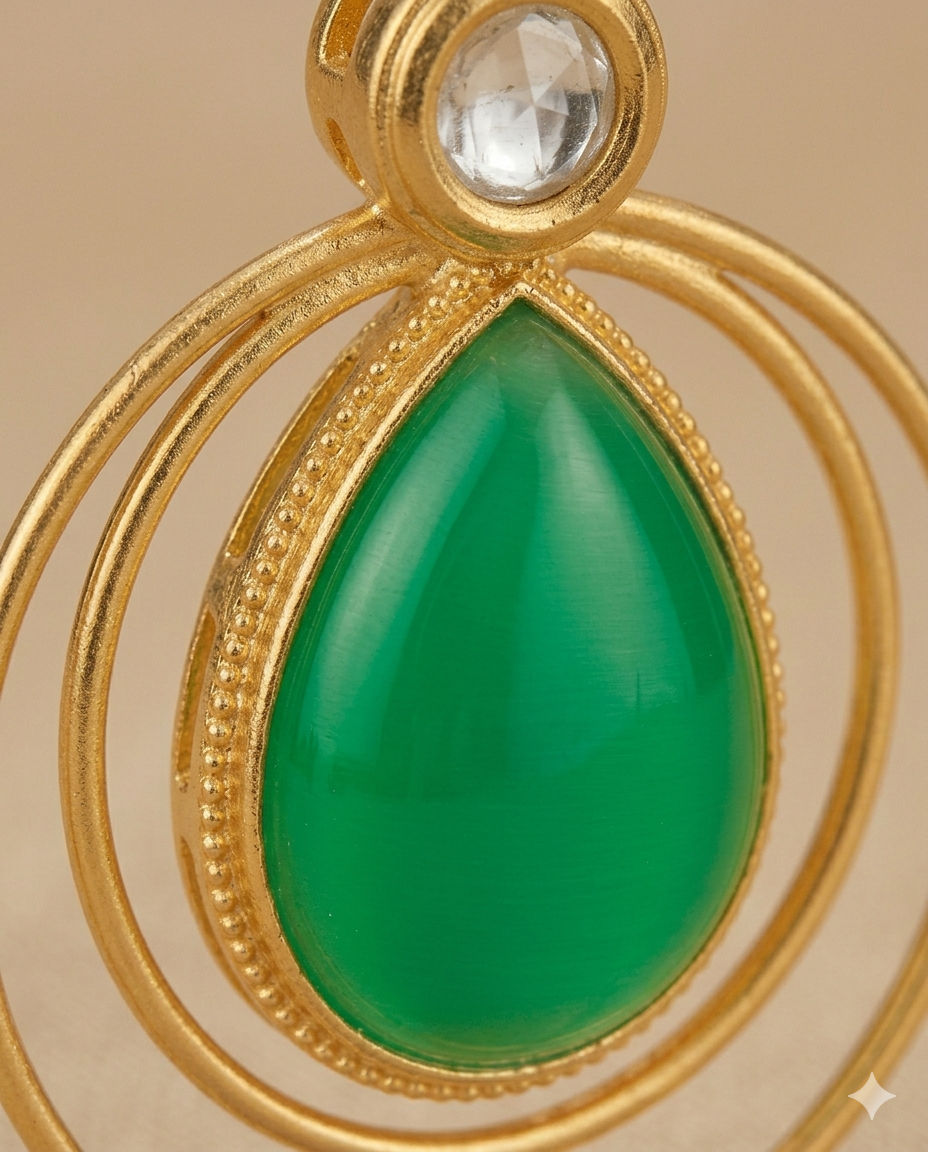 Green Teardrop Stone Double Hoop Gold Earrings for Women