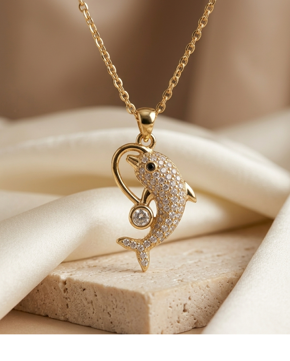 Crystal Dolphin Pendant Necklace in Gold