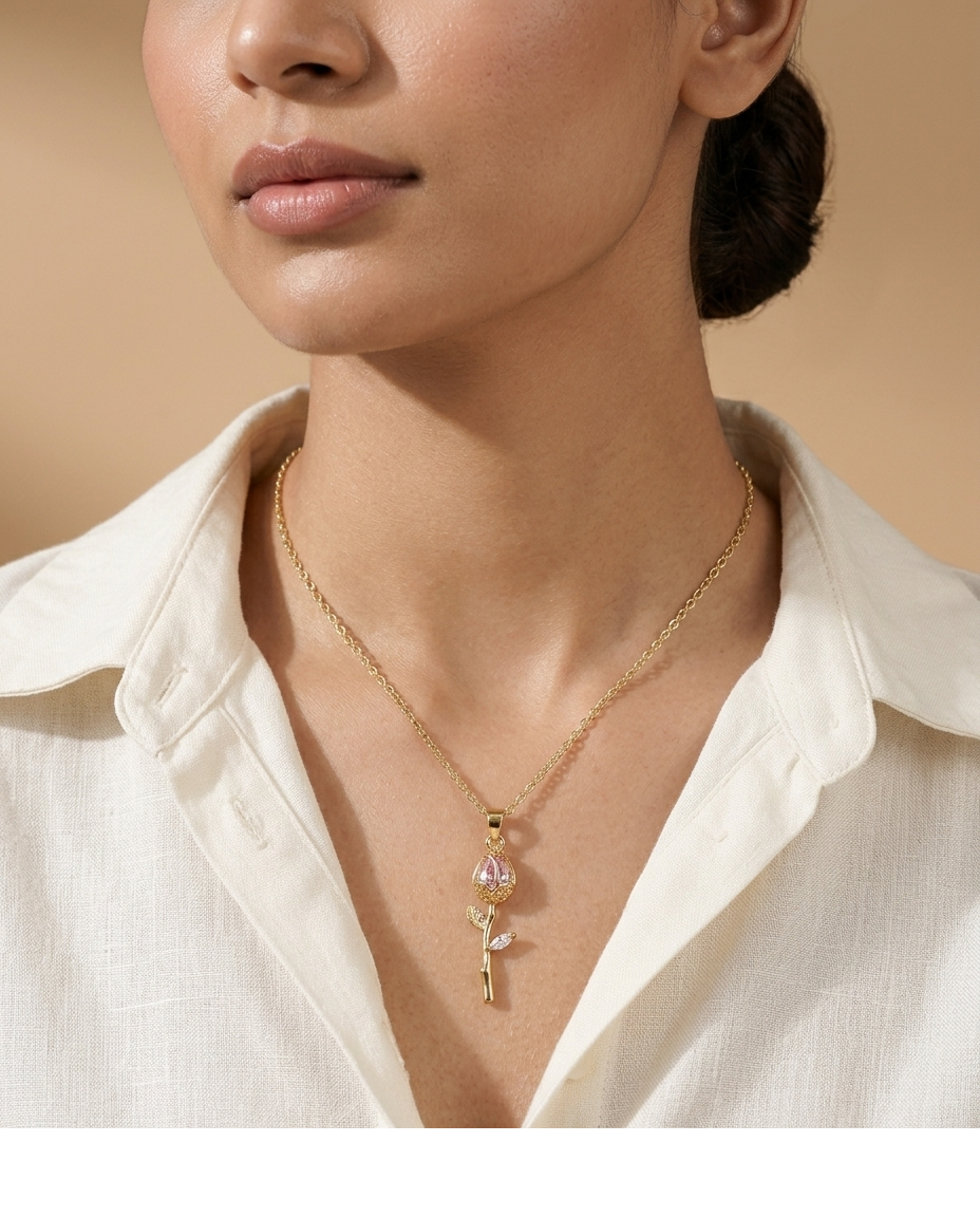 Golden Pink Rose Crystal Pendant Necklace for Women