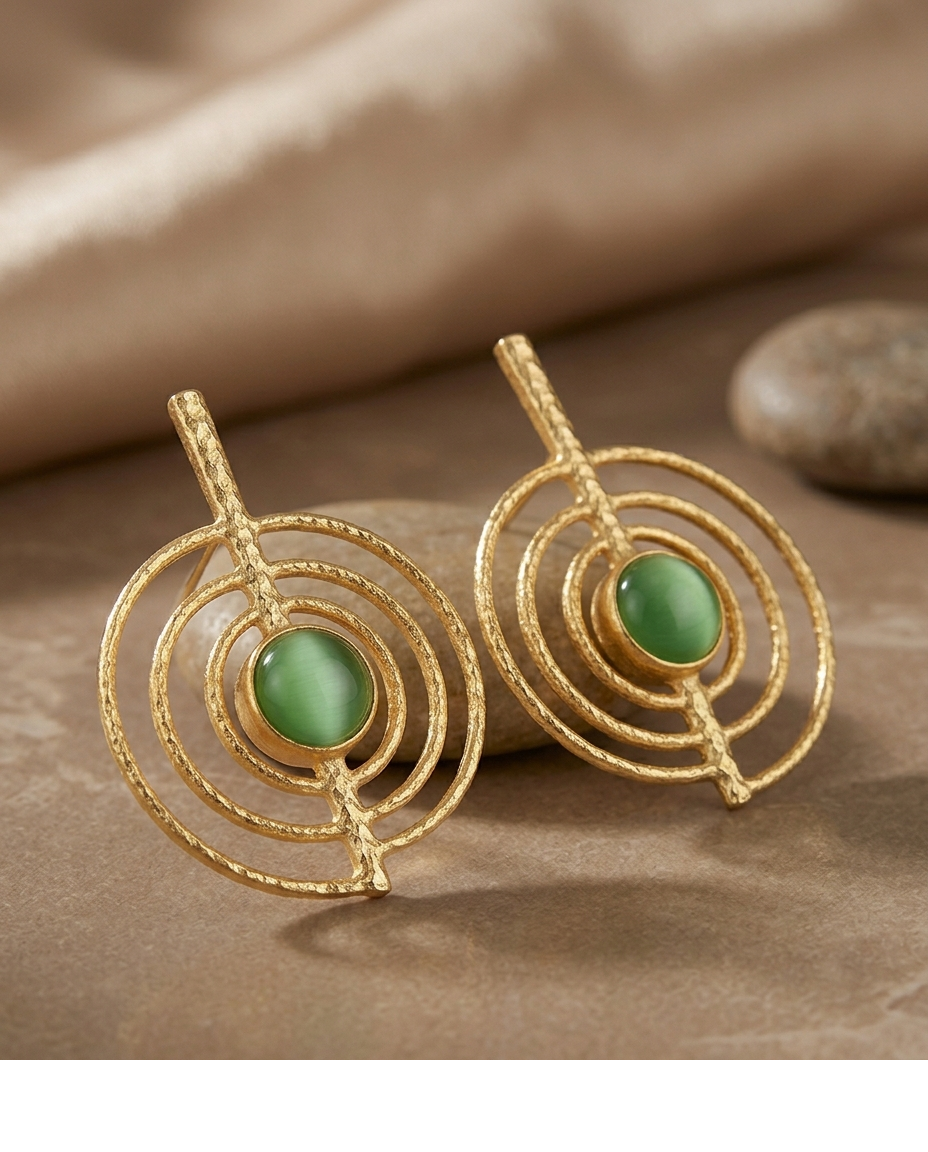 Green Stone Concentric Circle Gold Earrings for Women