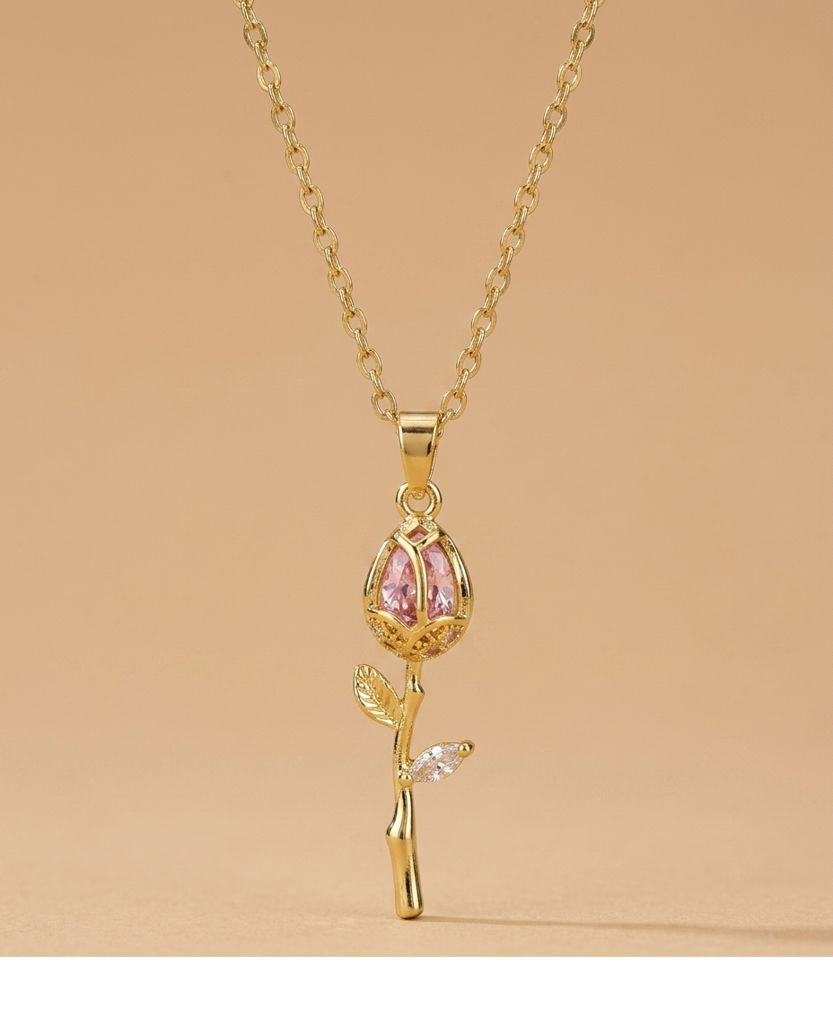 Golden Pink Rose Crystal Pendant Necklace for Women