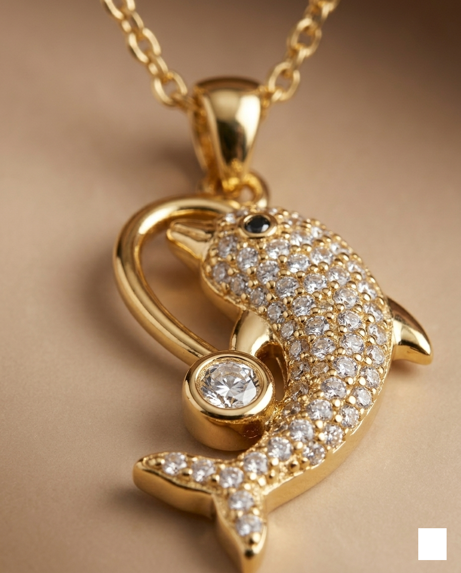 Crystal Dolphin Pendant Necklace in Gold