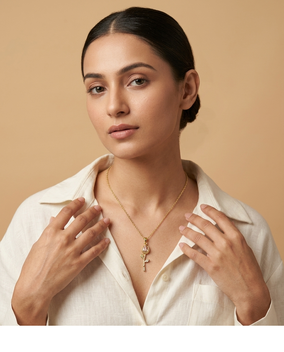Golden Pink Rose Crystal Pendant Necklace for Women