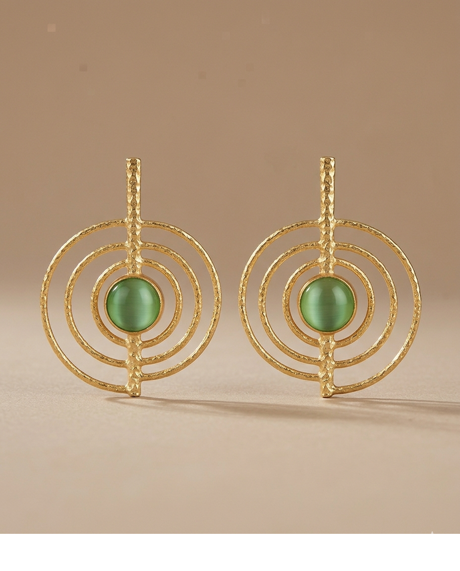 Green Stone Concentric Circle Gold Earrings for Women