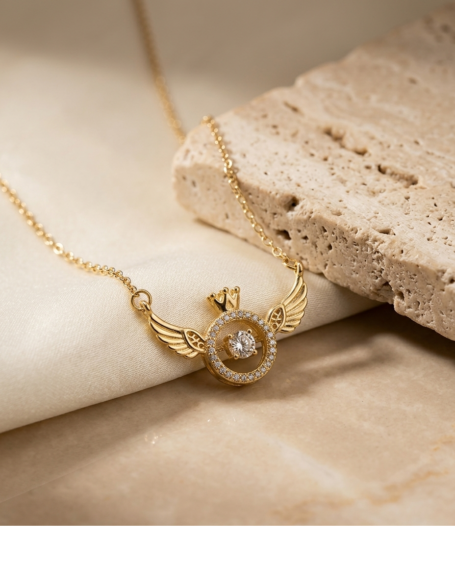 Golden Crown Wing Crystal Pendant Necklace for Women