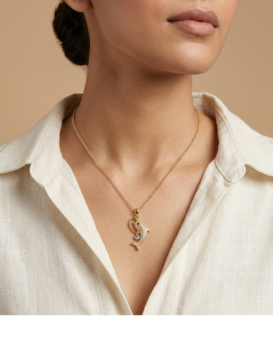 Crystal Dolphin Pendant Necklace in Gold