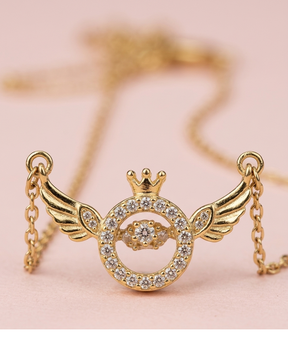 Golden Crown Wing Crystal Pendant Necklace for Women