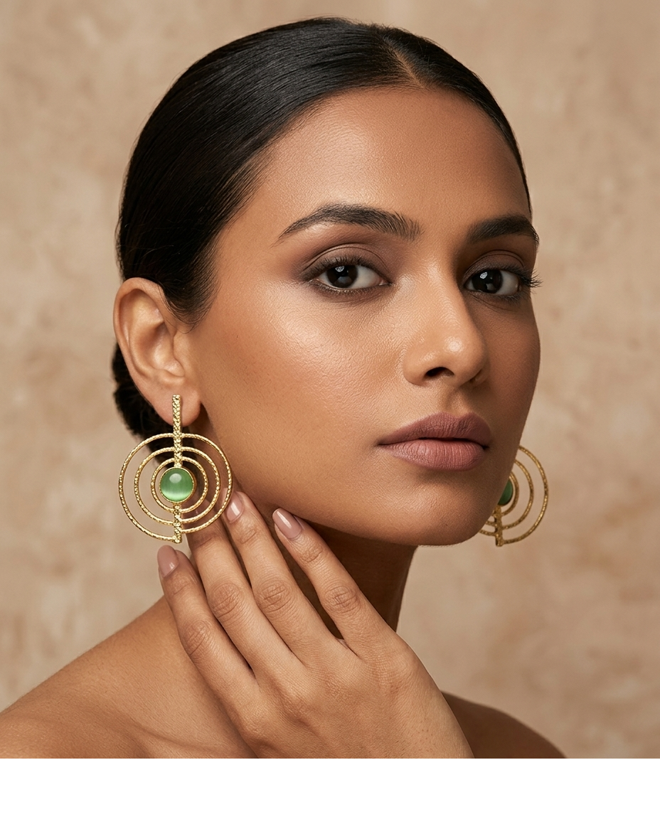 Green Stone Concentric Circle Gold Earrings for Women