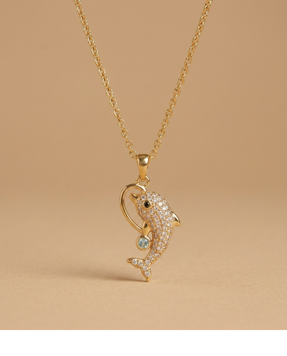 Crystal Dolphin Pendant Necklace in Gold