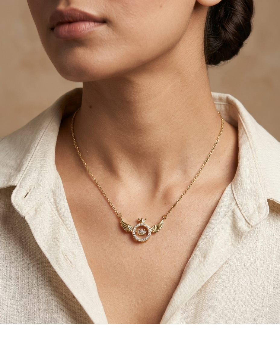 Golden Crown Wing Crystal Pendant Necklace for Women