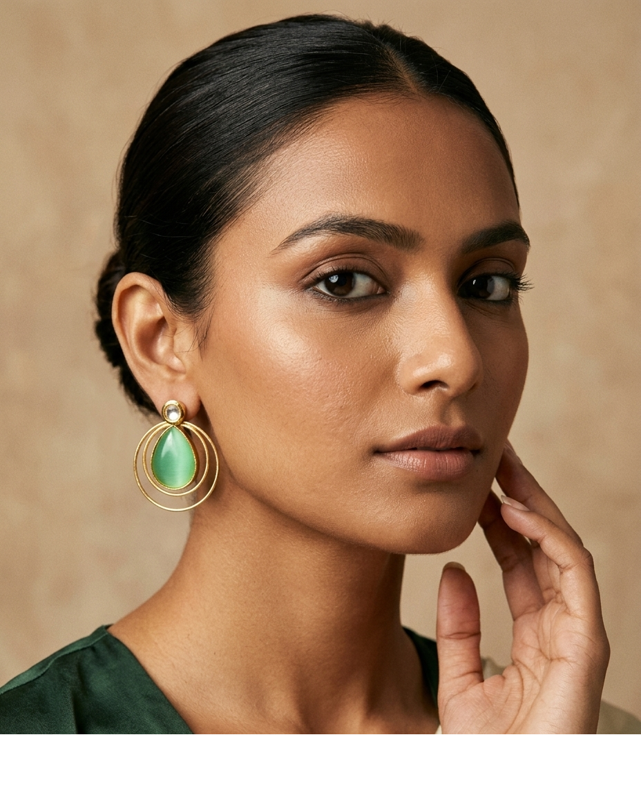 Green Teardrop Stone Double Hoop Gold Earrings for Women
