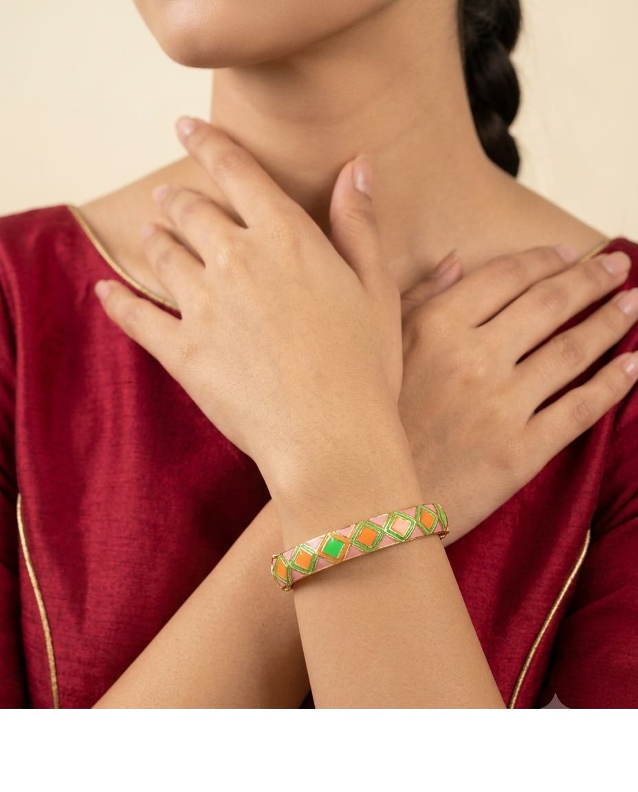 Green & Orange Geometric Enamel Gold-Tone Bangle for Women
