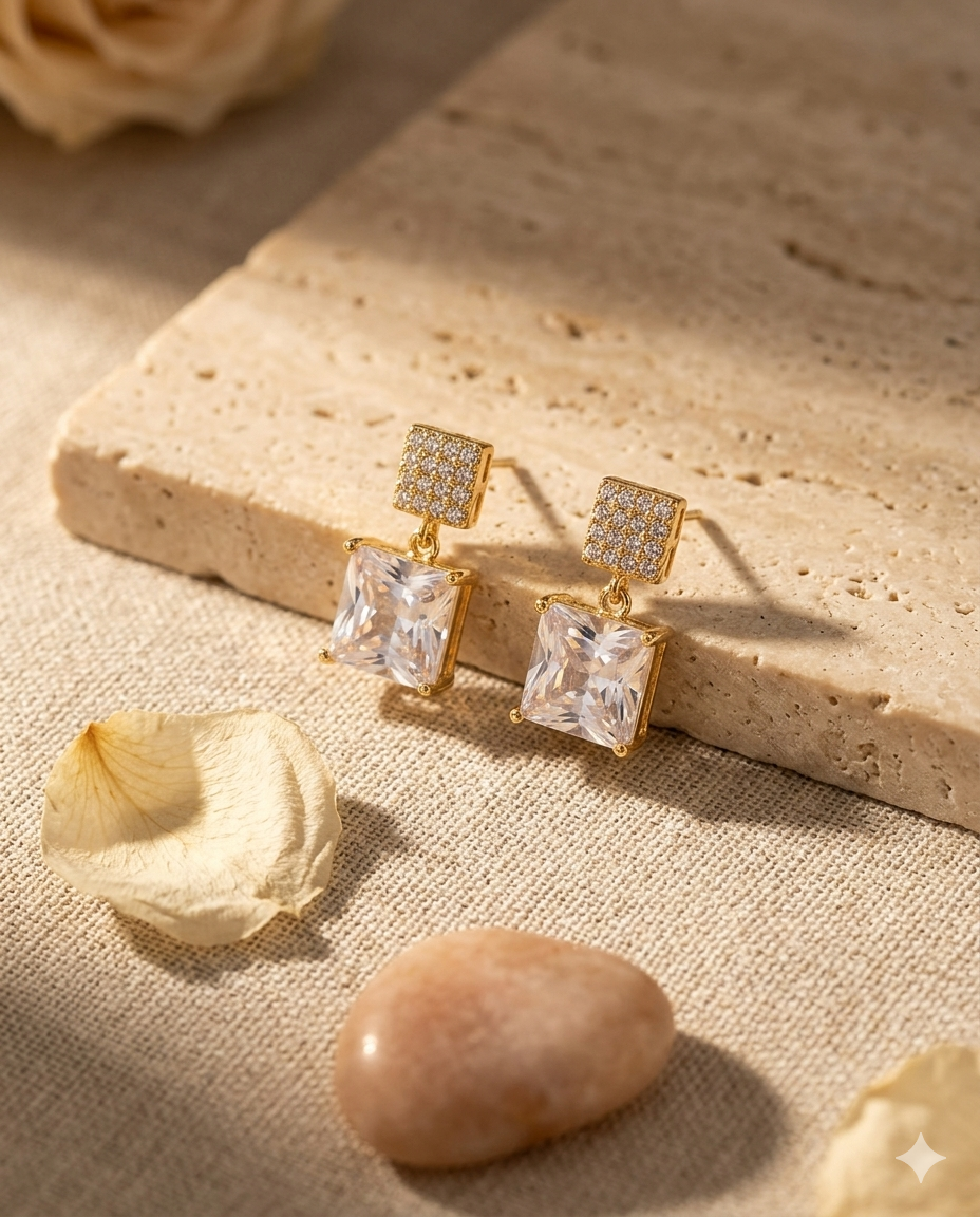 Celestia Princess Cut CZ Gold Plated Drop Earrings for Women