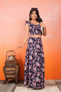 Midnight Bloom Ruffle Skirt and Crop Top Floral Blue Co-ord Set