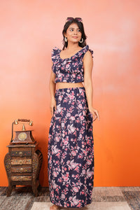 Midnight Bloom Ruffle Skirt and Crop Top Floral Blue Co-ord Set