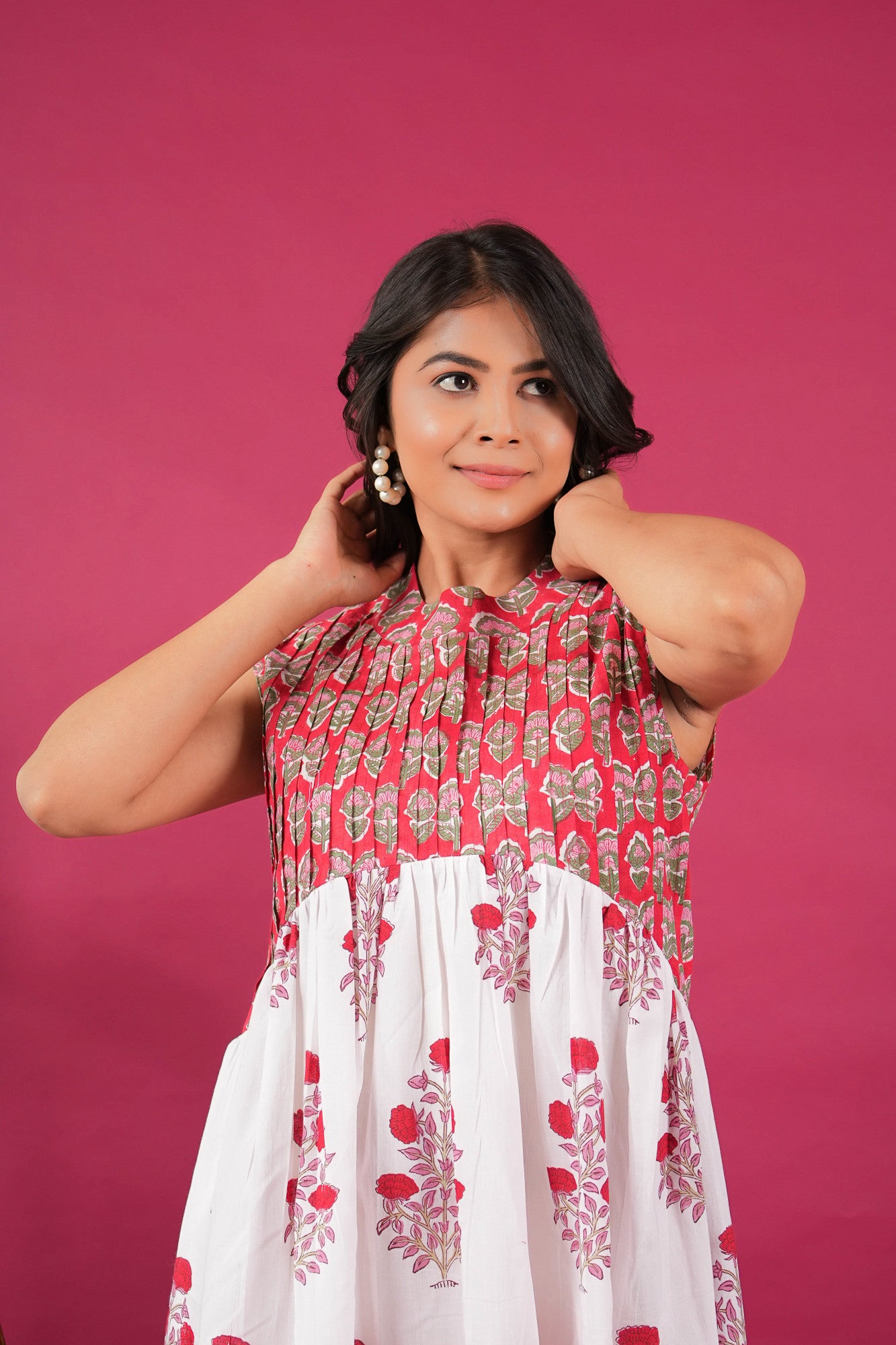 Blossom Charm Pleated Handblock Printed Floral Dress