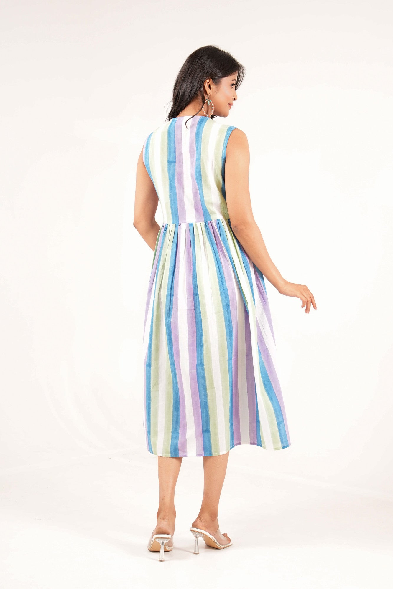 Coastal Breeze Handblock Printed Stripes Bow-Tie Dress