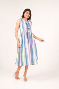 Coastal Breeze Handblock Printed Stripes Bow-Tie Dress