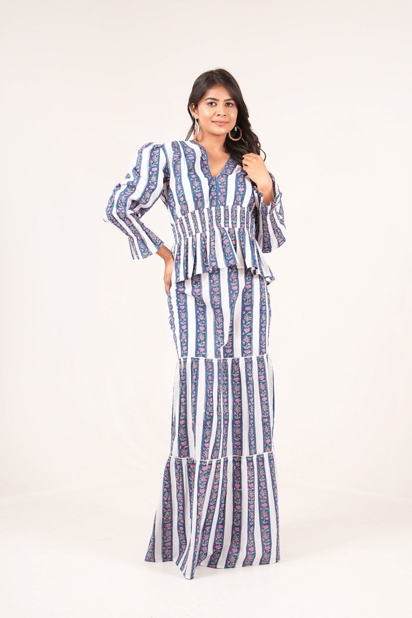 Indigo Bloom Striped Handblock Printed Co-ord Set