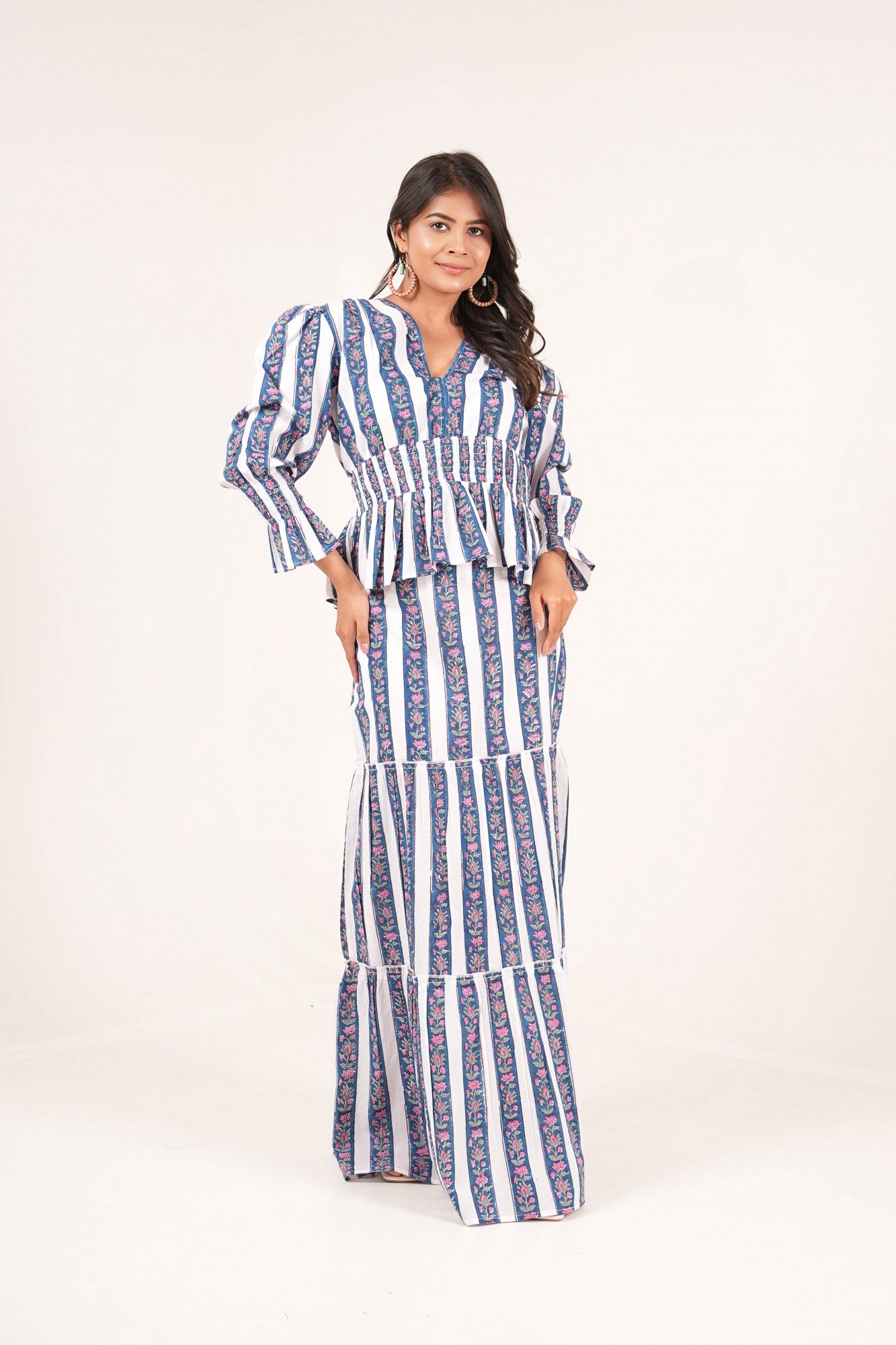 Indigo Bloom Striped Handblock Printed Co-ord Set