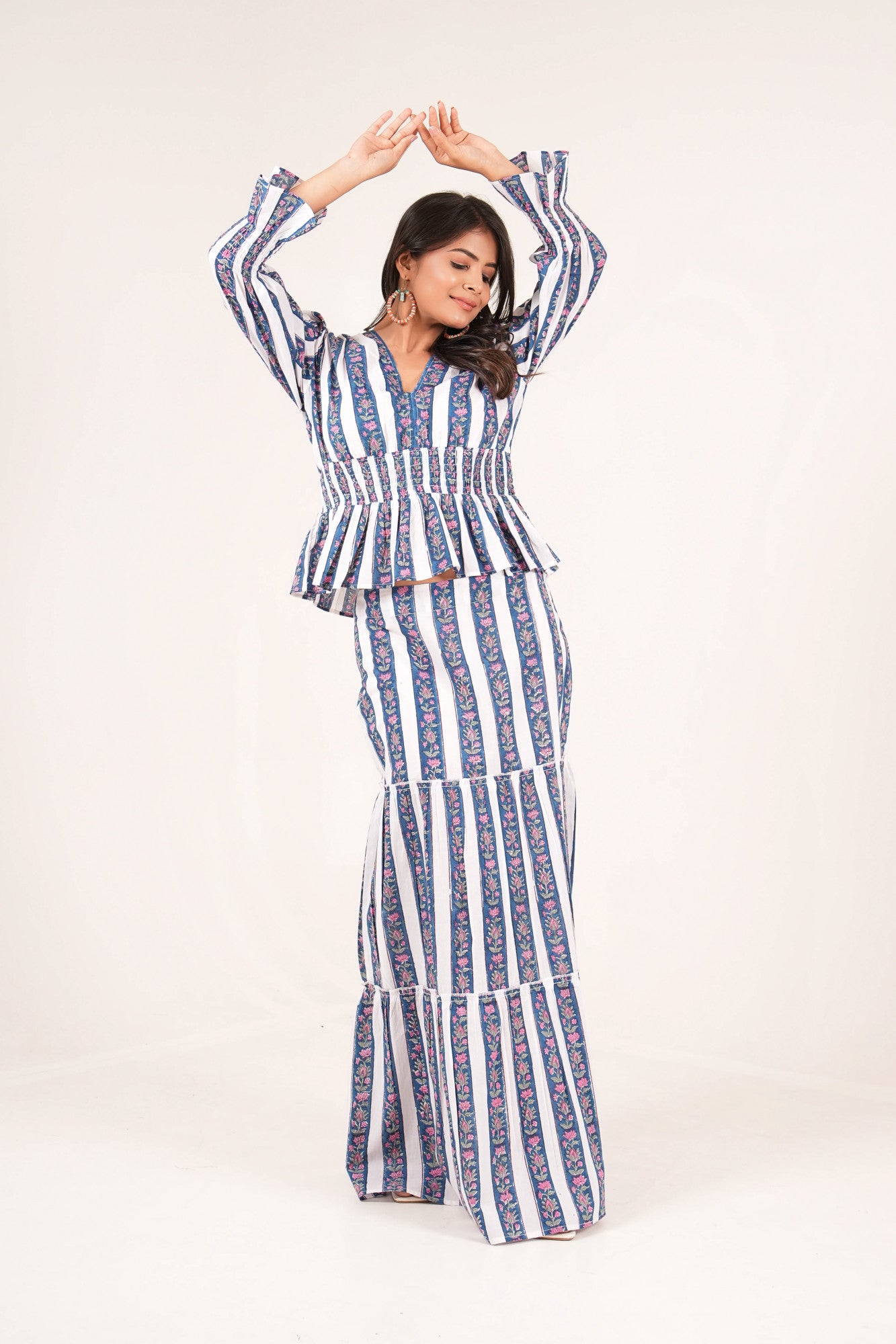 Indigo Bloom Striped Handblock Printed Co-ord Set