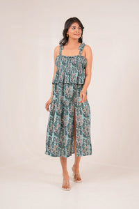 Mint Bloom Handblock printed Side Slit Smocked Dress