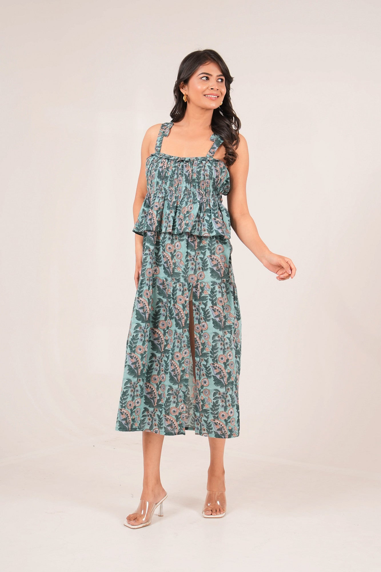 Mint Bloom Handblock printed Side Slit Smocked Dress