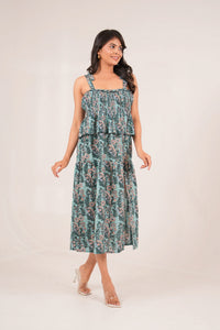 Mint Bloom Handblock printed Side Slit Smocked Dress