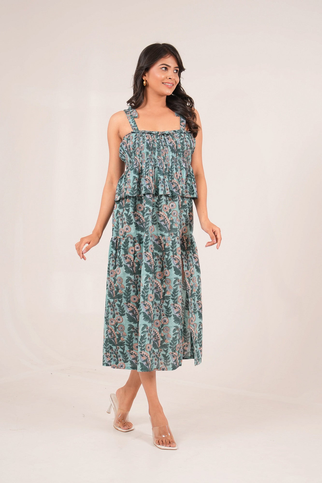 Mint Bloom Handblock printed Side Slit Smocked Dress