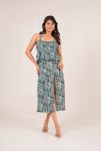 Mint Bloom Handblock printed Side Slit Smocked Dress