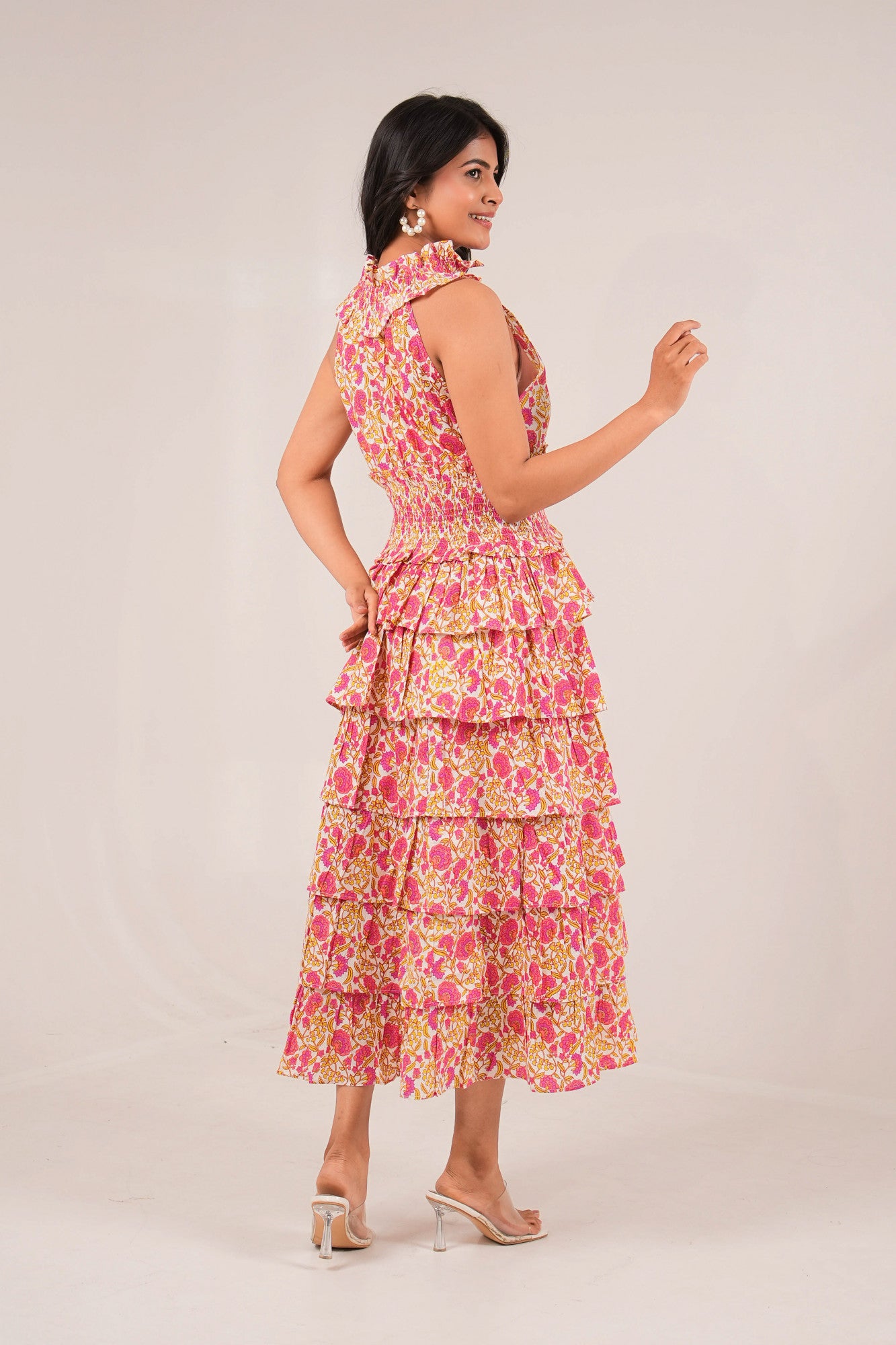Sunset Carnival Floral Printed Princess Sleeveless Tier Dress