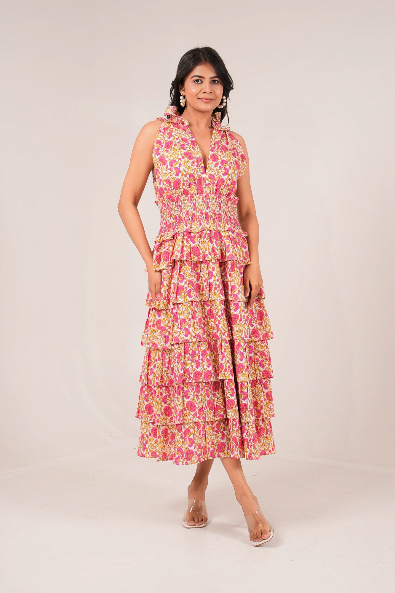 Sunset Carnival Floral Printed Princess Sleeveless Tier Dress