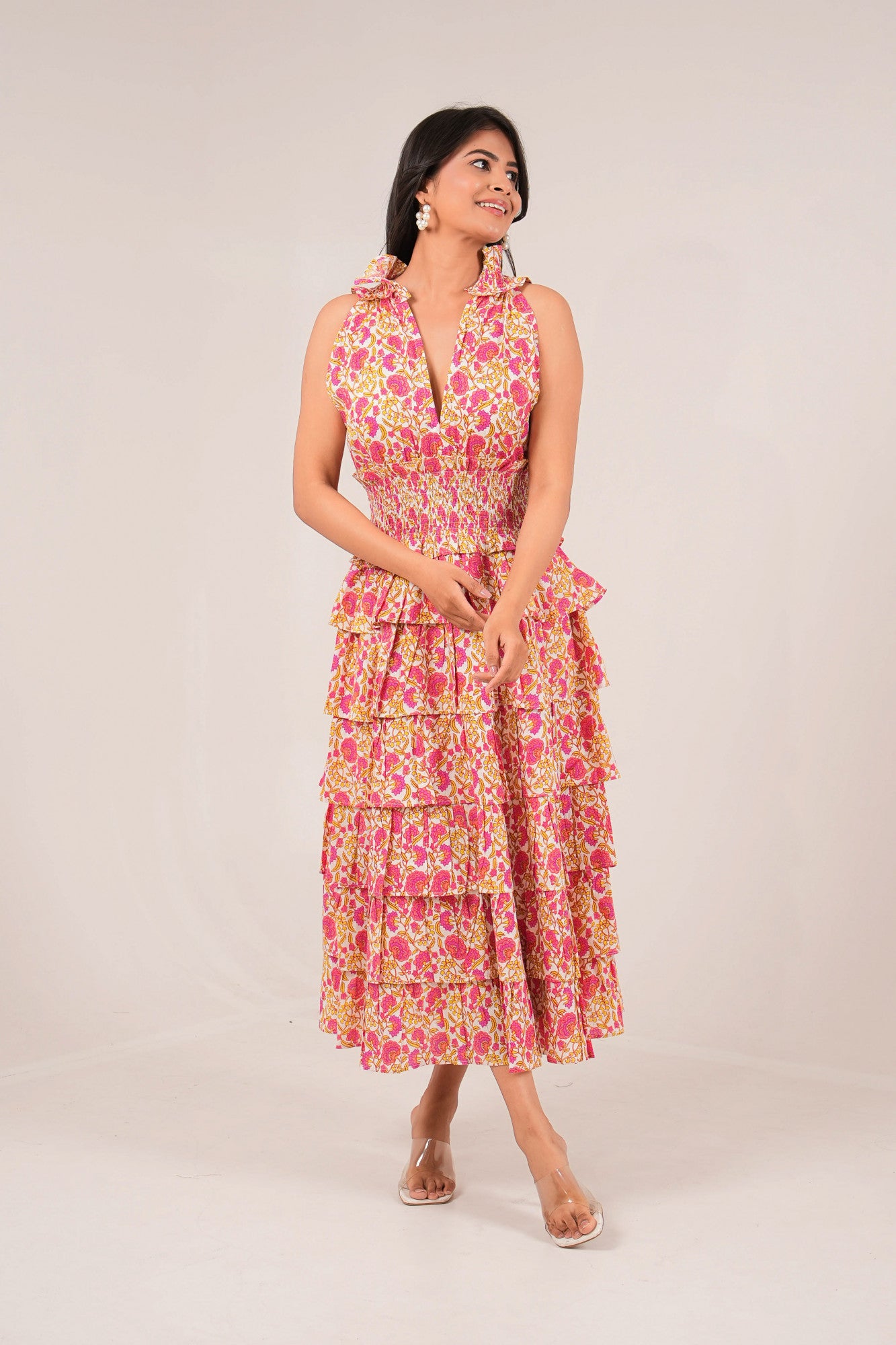 Sunset Carnival Floral Printed Princess Sleeveless Tier Dress