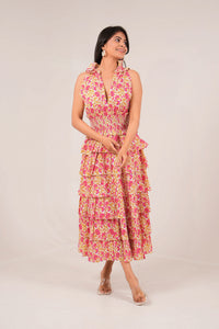 Sunset Carnival Floral Printed Princess Sleeveless Tier Dress