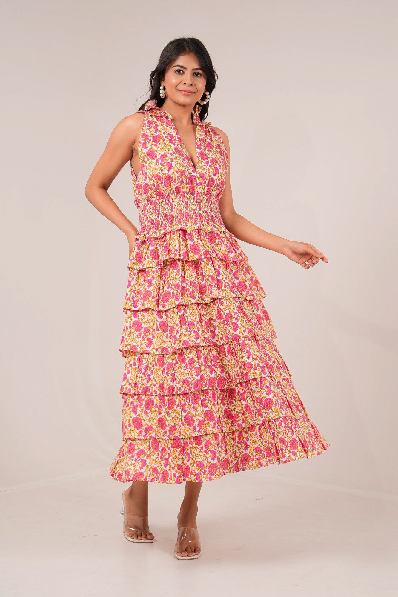 Sunset Carnival Floral Printed Princess Sleeveless Tier Dress