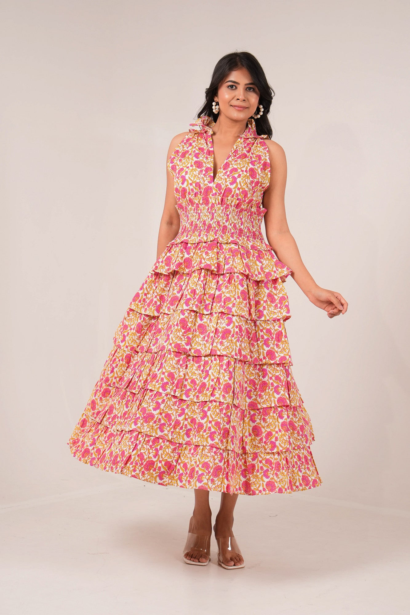 Sunset Carnival Floral Printed Princess Sleeveless Tier Dress