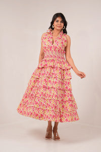 Sunset Carnival Floral Printed Princess Sleeveless Tier Dress