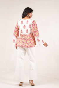 Gulbagh Breeze Pink and White Floral Printed Full Sleeve Peplum Top