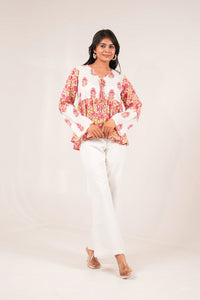 Gulbagh Breeze Pink and White Floral Printed Full Sleeve Peplum Top