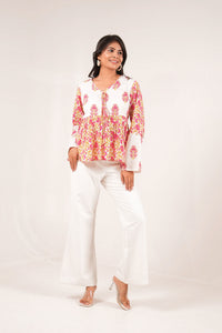 Gulbagh Breeze Pink and White Floral Printed Full Sleeve Peplum Top