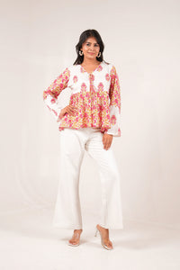 Gulbagh Breeze Pink and White Floral Printed Full Sleeve Peplum Top