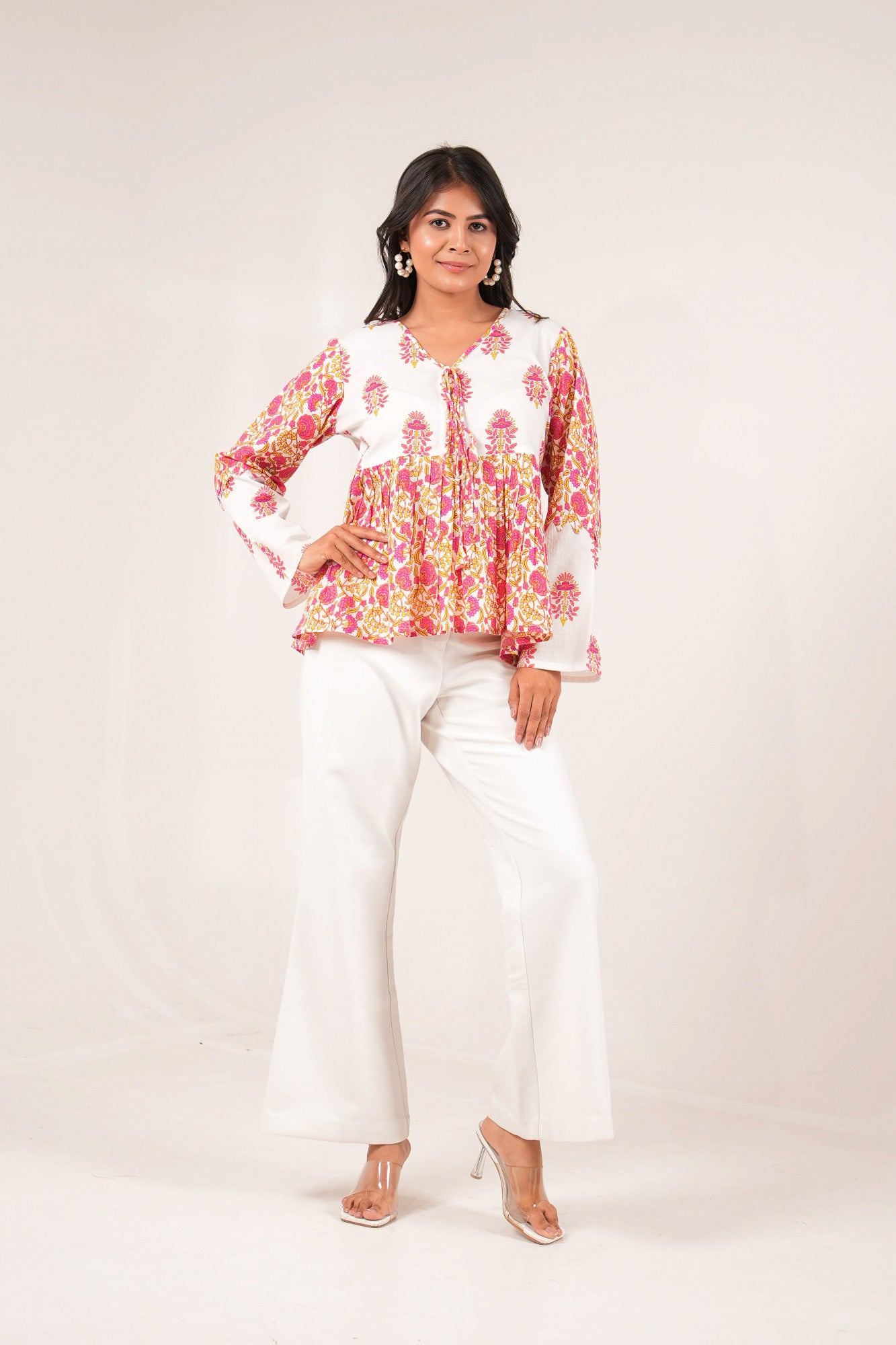 Gulbagh Breeze Pink and White Floral Printed Full Sleeve Peplum Top