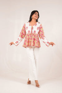 Gulbagh Breeze Pink and White Floral Printed Full Sleeve Peplum Top