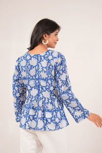 Neelkamal Overlap Blue Handblock Floral Printed Full Sleeve Top