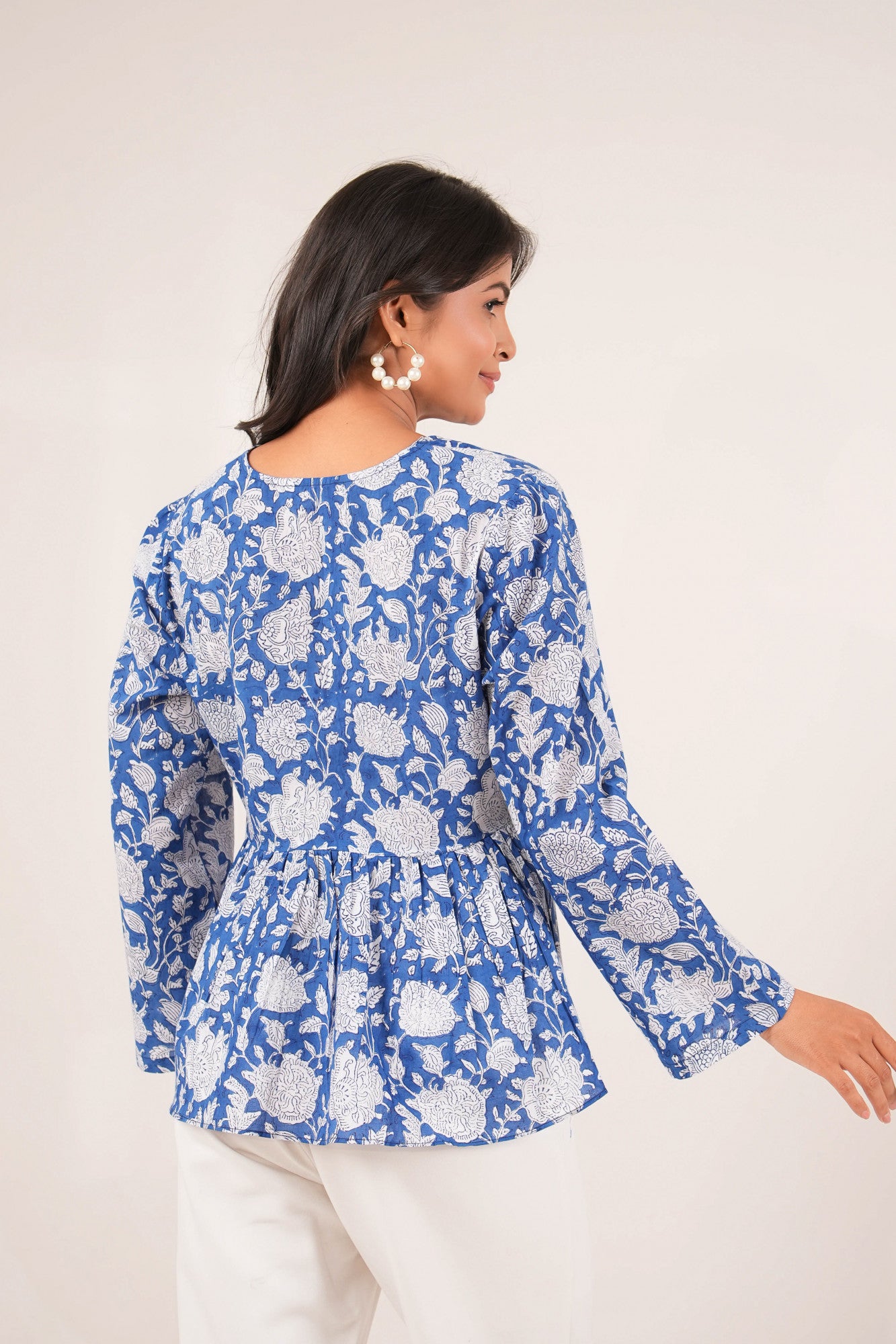 Neelkamal Overlap Blue Handblock Floral Printed Full Sleeve Top